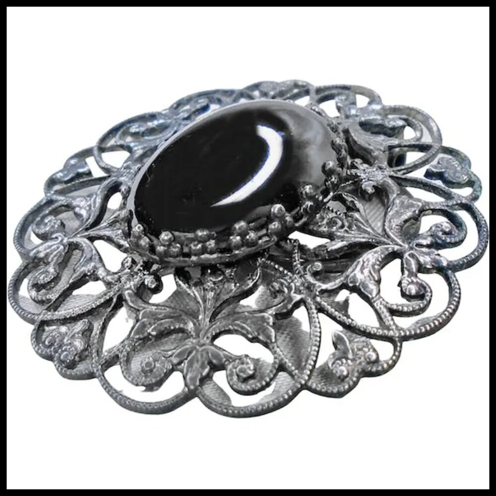 Vintage Scarf Clip Dark Silvertone Filigree Dress Clip Hat Clip - Picture 10 of 10